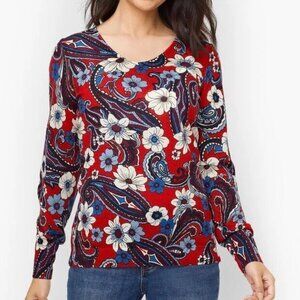 NWT Talbots Women's Pure Merino Wool Thin Soft Sweater Floral Red Blue White 2X